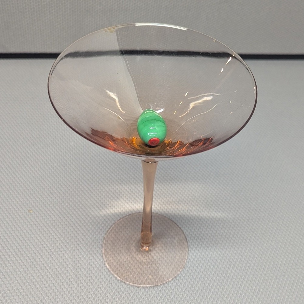 Vintage Pink (Rust/Gold/Smoke) Martini Glass with Hand Blown Glass Olive Detail